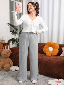 SHEIN EZwear 女士大尺碼純色彈性腰平褲 - 灰色 - 查看 4