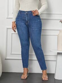SHEIN Cottnline Vaqueros De Talle Alto Y Tallas Grandes De Corte Ajustado - Azul lavado medio - View 6