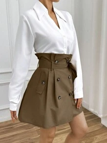 SHEIN Privé Paper Bag Waist A-line Double Breasted Skirt - Brown - View 6