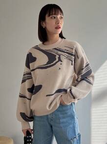 FRIFUL 女款花紋下垂肩毛衣 - 杏色 - 查看 6