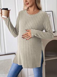 SHEIN Camiseta Premamá De Canalé Con Cuello Redondo Y Color Liso - Albaricoque - Ver 1