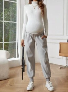 SHEIN Maternity Wideband Waist Slant Pocket Pants - Apricot - View 3