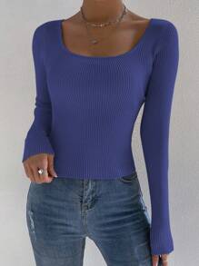 SHEIN Privé Của phụ nữ Màu thuần Áo len Với Lớn Tròn Đường viền cổ áo - Màu xanh bụi bặm - Xem 5