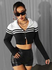 SHEIN ICON 修身黑白拼色雙拉鍊短款有領開襟衫 - 黑與白 - 查看 1