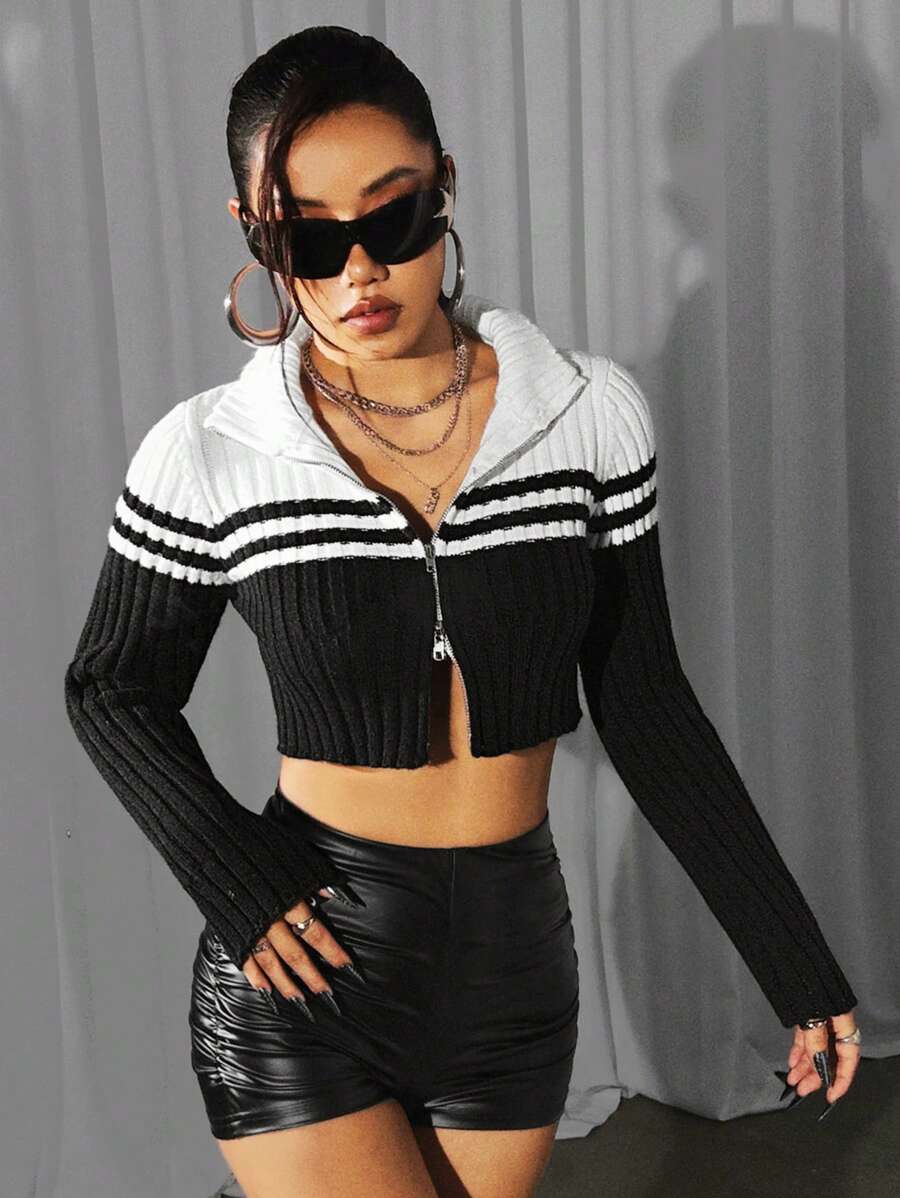 SHEIN ICON 修身黑白拼色雙拉鍊短款有領開襟衫 - 黑與白 - 查看 1