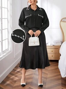 SHEIN Privé 大尺碼仿珍珠裝飾翻領襯衫 - 黑色 - 查看 1