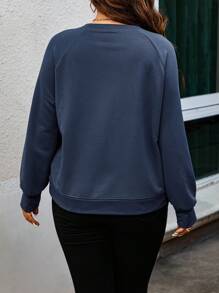 Calvaya 加大码纯色插肩袖卫衣，适合毕业季、返校季、毕业典礼、教师节等场合，女士返校季套头衫，秋季卫衣 - 藍色 - 查看 2