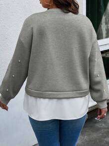 Calvaya 加大碼珍珠裝飾2合1運動衫 - 灰色 - 查看 2