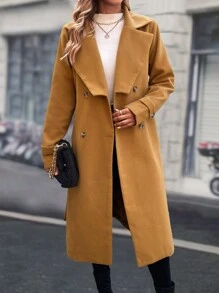 SHEIN LUNE Turn-down Collar Double Breasted Coat With Belt - Khaki - View 5