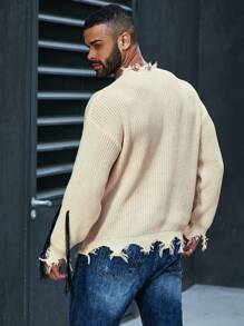 Manfinity Hypemode 男士加大號字母圖案毛衣,磨損修剪設計 - 杏色 - 查看 2