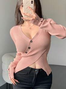 DAZY Của phụ nữ Thon gọn Áo len Với Thiết kế chéo - Hồng - Xem 1