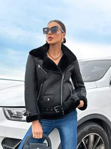 SHEIN Essnce 女式翻領機車夾克 - 黑色 - 查看 4