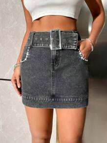 SHEIN BAE Women'S Denim Skirt With Belt - Light Grey - View 6