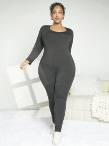 SHEIN CURVE+ 大尺碼修身連身褲 - 深灰色 - 查看 5