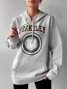 Cottnline Letter Graphic Kangaroo Pocket Drawstring Hoodie - Grey - View 1