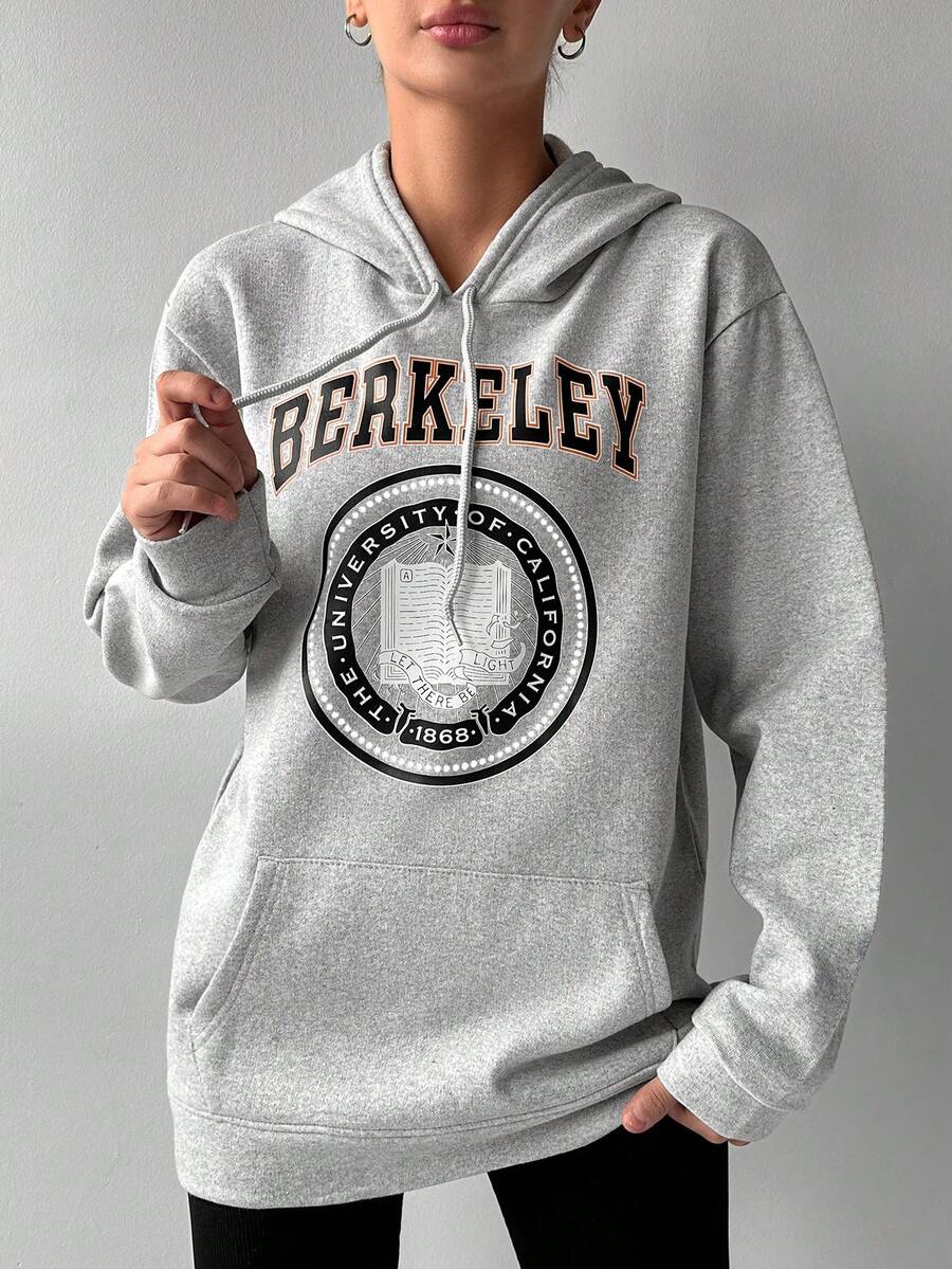 Cottnline Letter Graphic Kangaroo Pocket Drawstring Hoodie - Grey - View 1