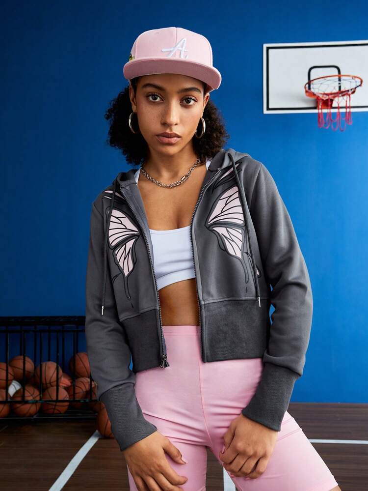 Butterfly Printed Drawstring Hooded Sports Jacket