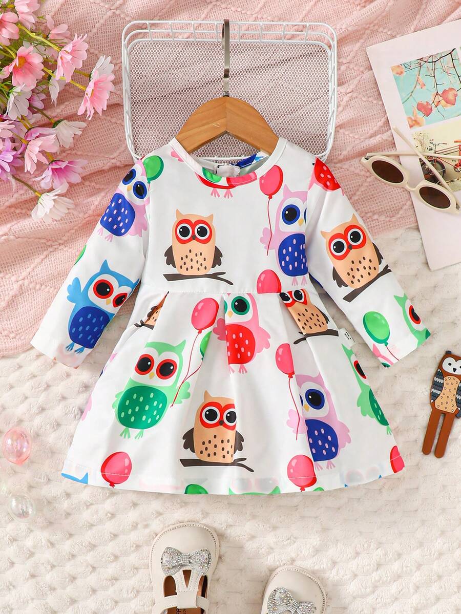 女嬰春季秋季可愛貓頭鷹&氣球印花連身裙 - 白色 - 查看 1