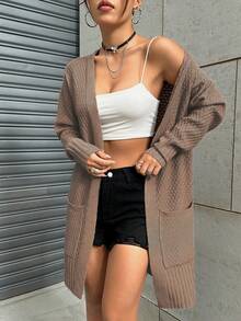SHEIN Unity Women's Solid Color Casual Sweater With Big Pockets - Brown - View 3