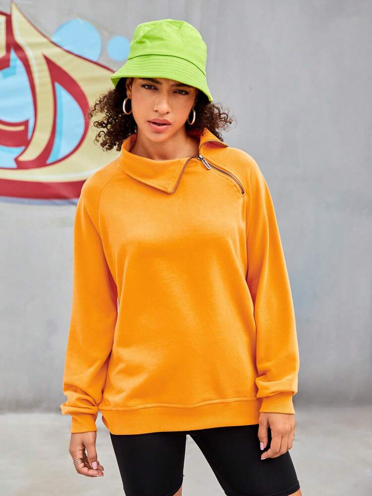 Women's Zipper Closure Raglan Sleeve Sports Sweatshirt