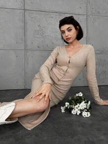 EURMUSE Button Up Long Sleeve Dress - Apricot - View 3