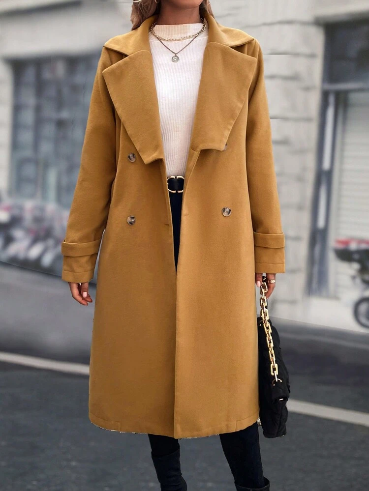 Turn-down Collar Double Breasted Coat With Belt