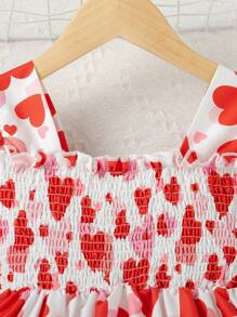 SHEIN Young Girls' Valentine's Day Heart Print Ruffle Trim Long Sleeve Princess Dress For Spring/Autumn Parties And Holidays - Red - View 3