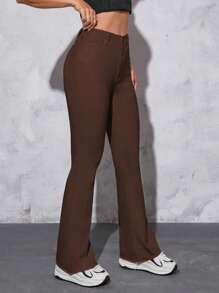 SHEIN PETITE 女士實色喇叭牛仔褲,印花口袋設計 - 棕色 - 查看 7