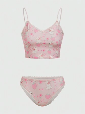 Kawaii Conjunto de lencería de parche con estampado de conejo de dibujos animados y fresa, Kawaii para mujer
