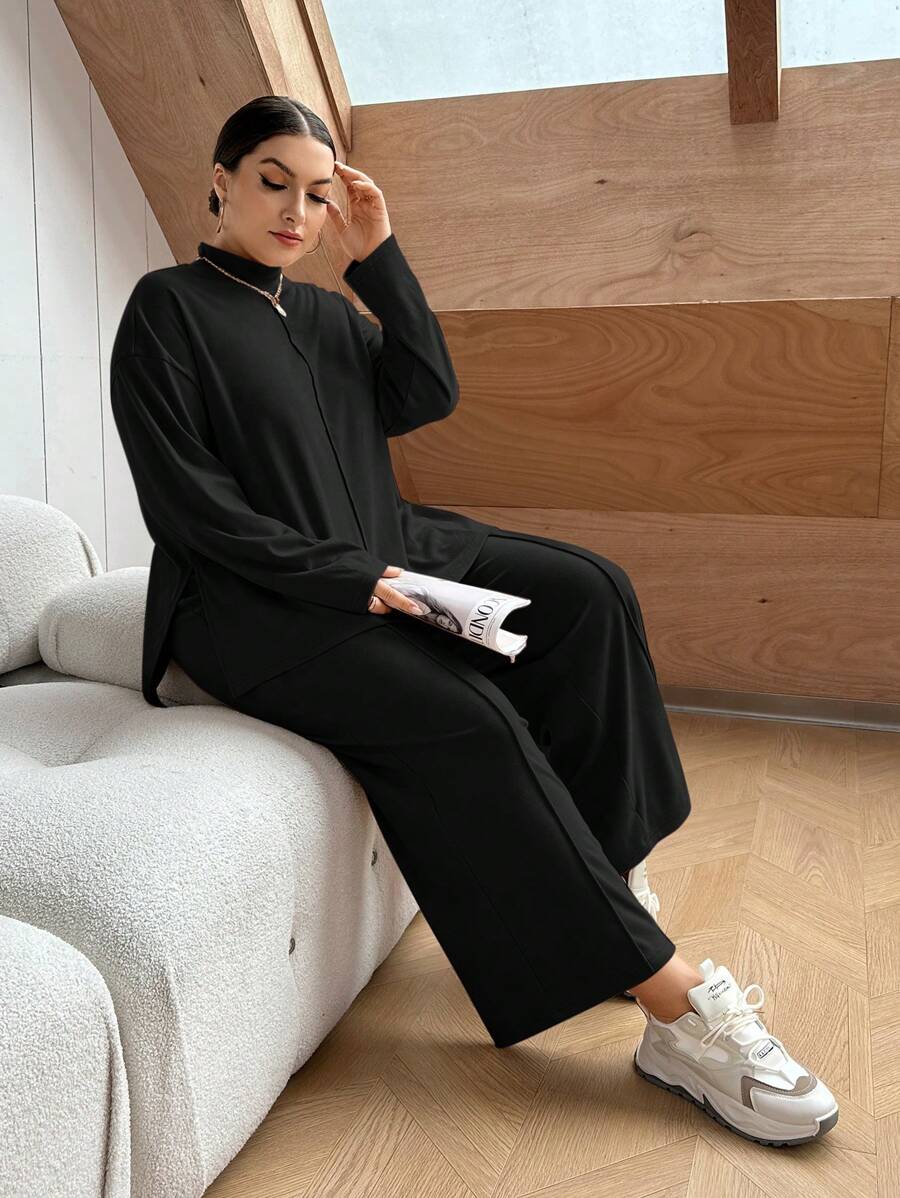 SHEIN Essnce 大尺碼高領垂肩長袖t恤和褲子套裝 - 黑色 - 查看 1