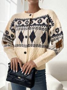 SHEIN LUNE 幾何圖案下垂肩開襟外套,配披肩領 - 彩色 - 查看 3