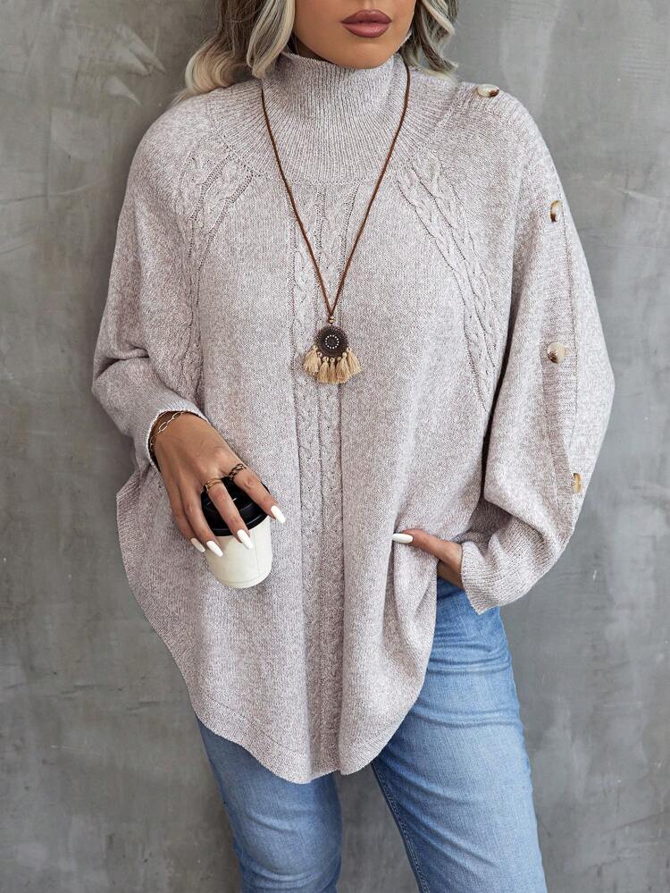 Women's Plus Size High Neck Sweater With Button Detail And Batwing Sleeves Knit Pullover Fall Winter Autumn Sweater