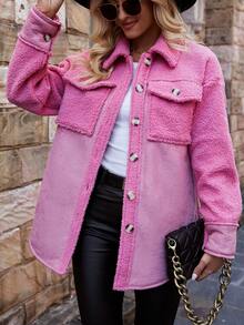 SHEIN Frenchy 女士時尚玫瑰紅雙口袋鈕扣大衣 - 玫紅色 - 查看 5