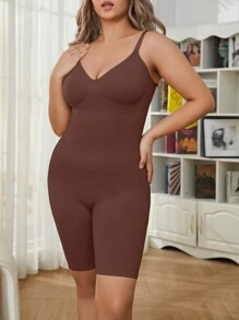 Women'S Plus Size Solid Color Strap Jumpsuit Shapewear - Coffee Brown - View 3