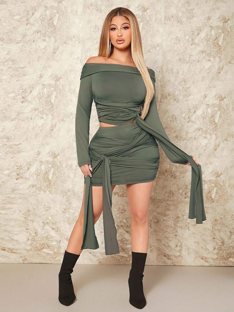 Solid Color Off Shoulder Pleated T-Shirt And Skirt Set