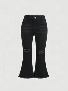 SHEIN Cô Gái Trẻ Frayed Hem Đau khổ Quần jean loe - màu đen - Xem 1