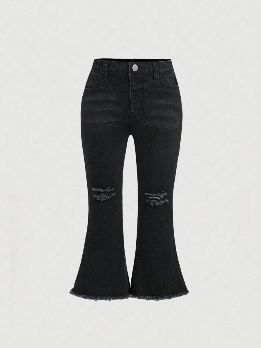 SHEIN Cô Gái Trẻ Frayed Hem Đau khổ Quần jean loe - màu đen - Xem 1