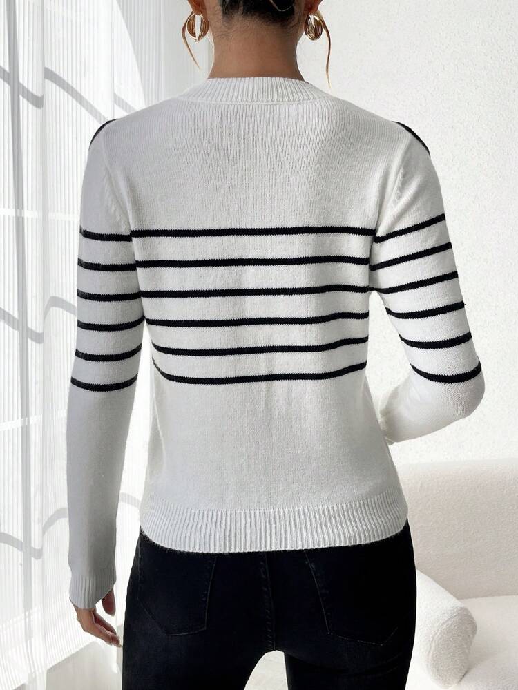 Ladies' Slim Fit Cold Shoulder Striped Knit Pullover Fall Winter Sweater