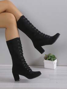 秋冬女士时尚跨界系带粗跟靴