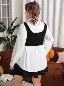 SHEIN EZwear Blusa de manga larga para mujeres de talla grande con paneles de contraste con bloques de color - Blanco y Negro - Ver 2