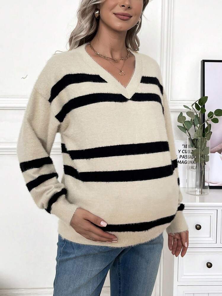 Pregnant Women's Striped V-Neck Pullover Sweater For Maternity, For Winter