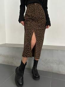 DAZY 女士豹纹印花前开衩半身裙