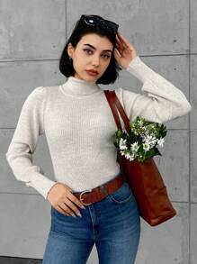 Cloudara Solid Bishop Sleeve Turtle Neck Sweater - Beige - View 4