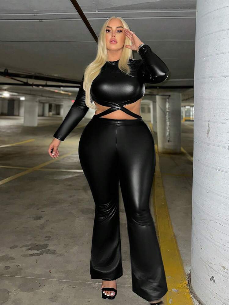 Plus Size Women's Crisscross Back Pu Leather Top & Flared Trousers Two Piece Set
