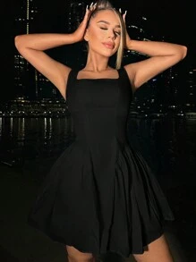 SHEIN SXY Của phụ nữ Màu thuần Đập nhẹ & Xếp li Đầm Với Nơ Thắt lưng at Trở lại Eo - màu đen - Xem 3