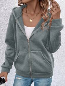 SHEIN LUNE 袋鼠口袋拉鍊開合抽繩連帽夾克 - 深灰色 - 查看 3