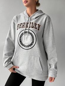 Cottnline Letter Graphic Kangaroo Pocket Drawstring Hoodie - Grey - View 4
