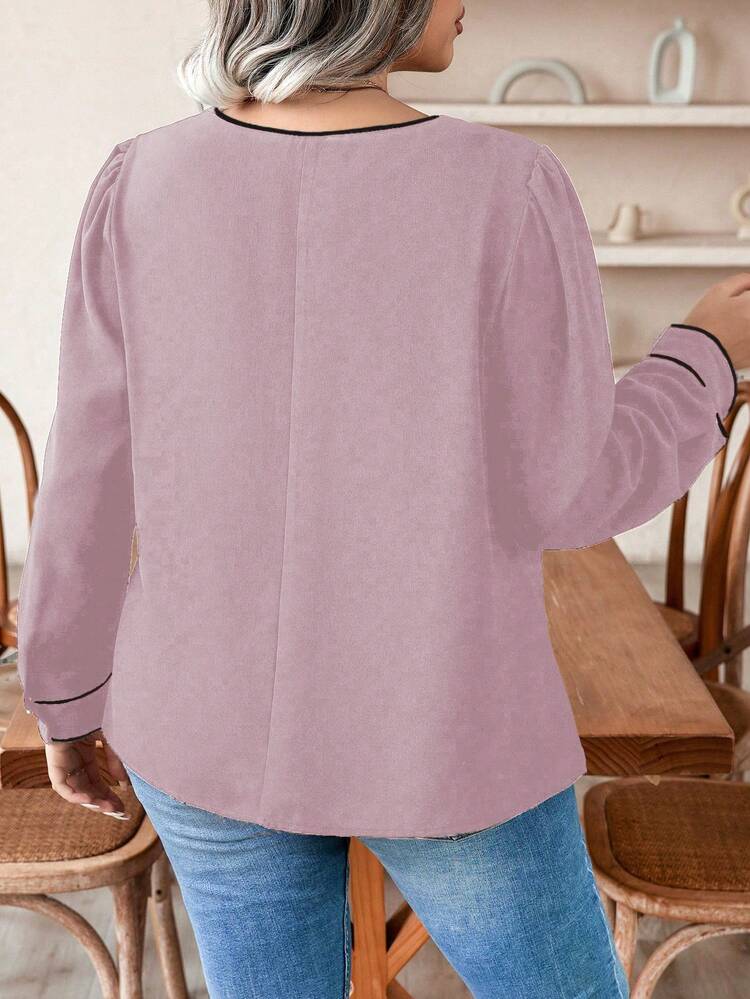 Plus Size Contrast Color Asymmetrical Collar Rolled Edge Shirt