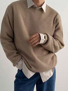 DAZY 男款圓領休閒毛衣,無襯衫 - 卡其色 - 查看 2