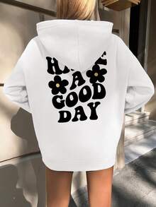 SHEIN PETITE Floral & Slogan Graphic Drop Shoulder Hoodie - White - View 3